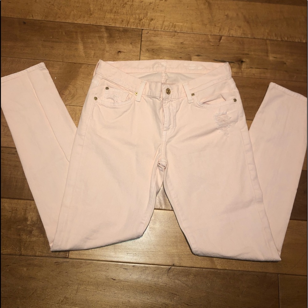7for All Mankind Distressed Light Pink Jeans.